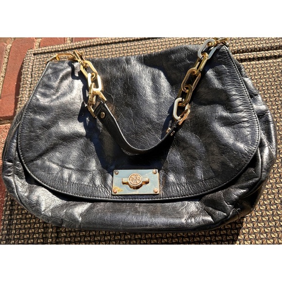 Tory Burch Gold Black Leather & Canvas Chain Linked Over-the-Shoulder Hobo Bag - Picture 9 of 13